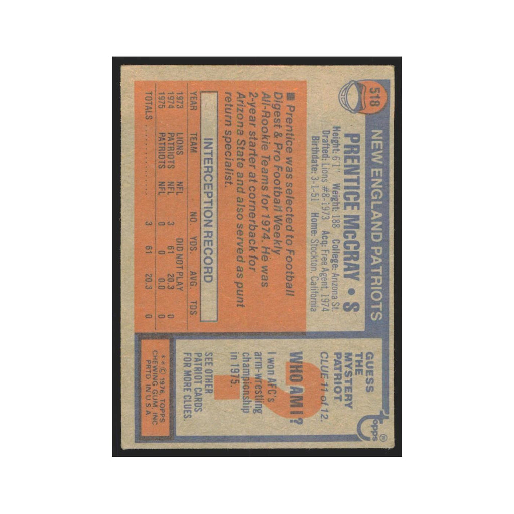 Prentice McCray 1976 Topps #518 New England Patriots Football Card EX
