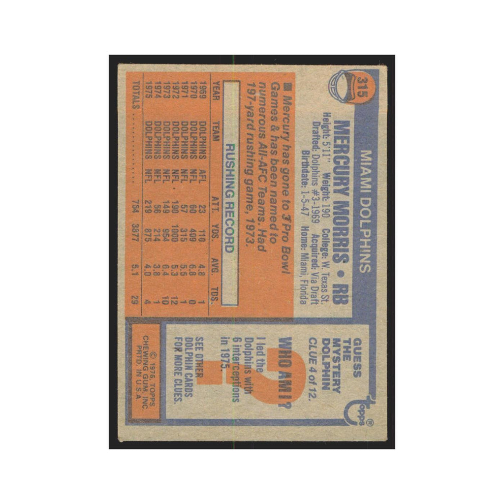 Mercury Morris 1976 Topps #315 Miami Dolphins Football Card EX