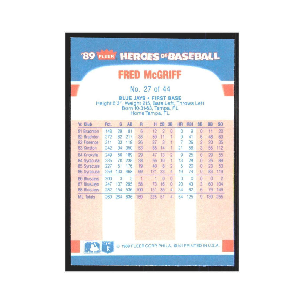 Fred McGriff 1989 Fleer Heroes of Baseball #27.0 Toronto Blue Jays NM