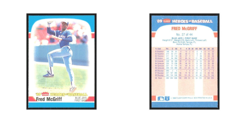 Fred McGriff 1989 Fleer Heroes of Baseball #27.0 Toronto Blue Jays NM