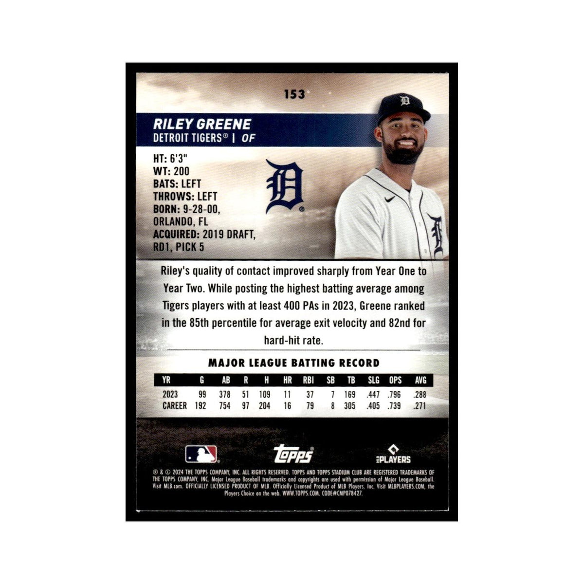Riley Greene 2024 Topps Stadium Club Red #153 Baseball Card NM