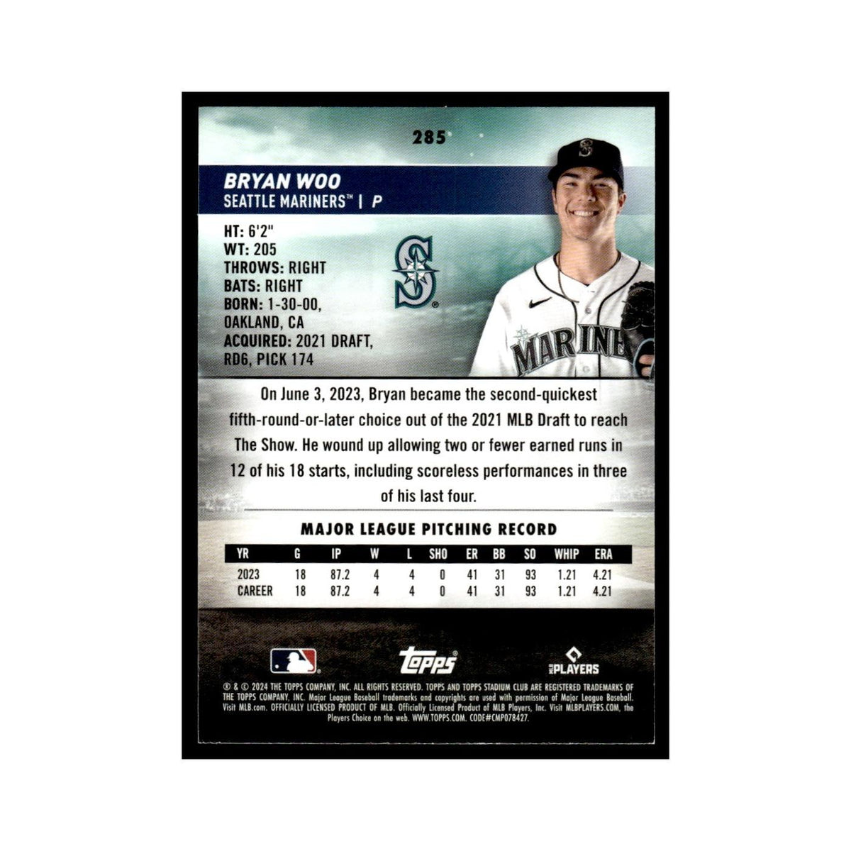 Bryan Woo Rookie 2024 Topps Stadium Club #285 Baseball Card NM