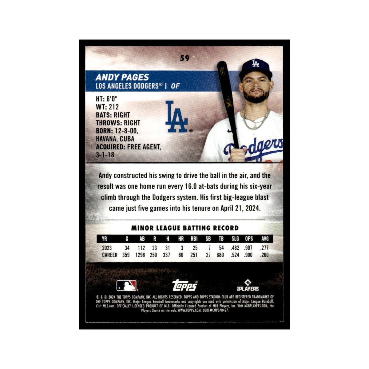 Andy Pages Rookie 2024 Topps Stadium Club #59 Baseball Card NM
