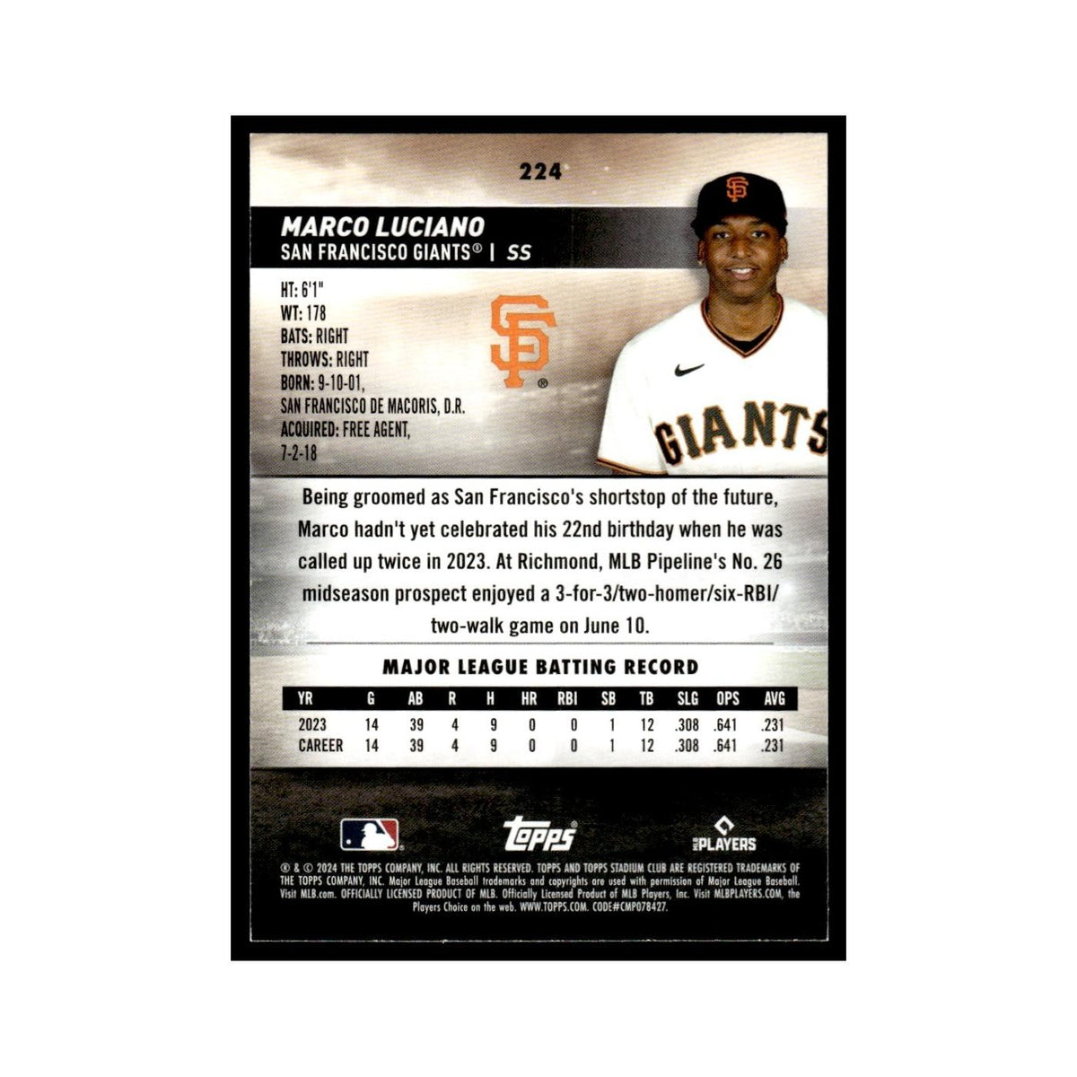 Marco Luciano Rookie 2024 Topps Stadium Club #224 Baseball Card NM