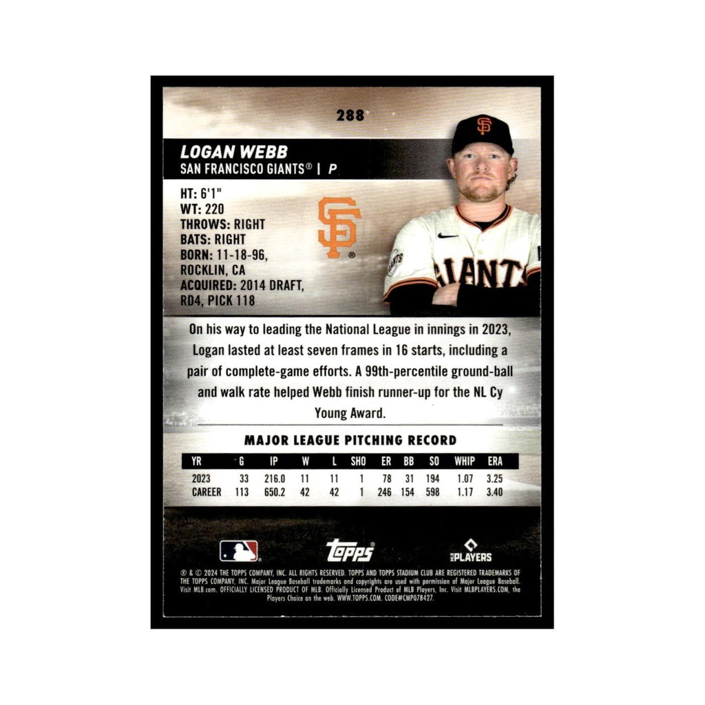 Logan Webb 2024 Topps Stadium Club Red #288 Baseball Card NM