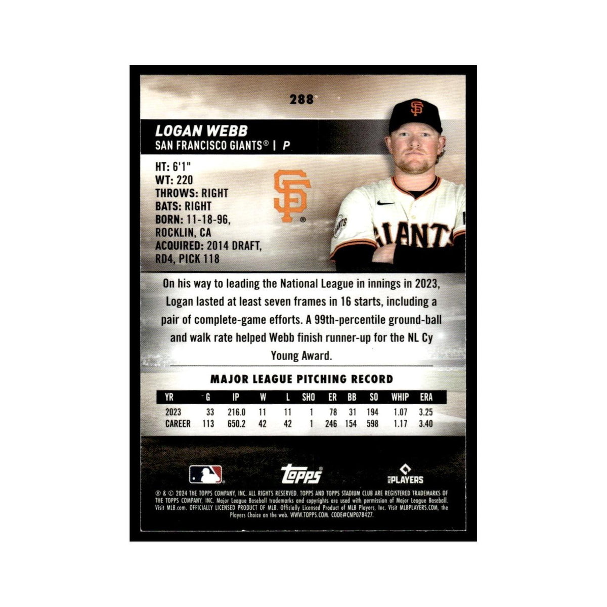 Logan Webb 2024 Topps Stadium Club Red #288 Baseball Card NM