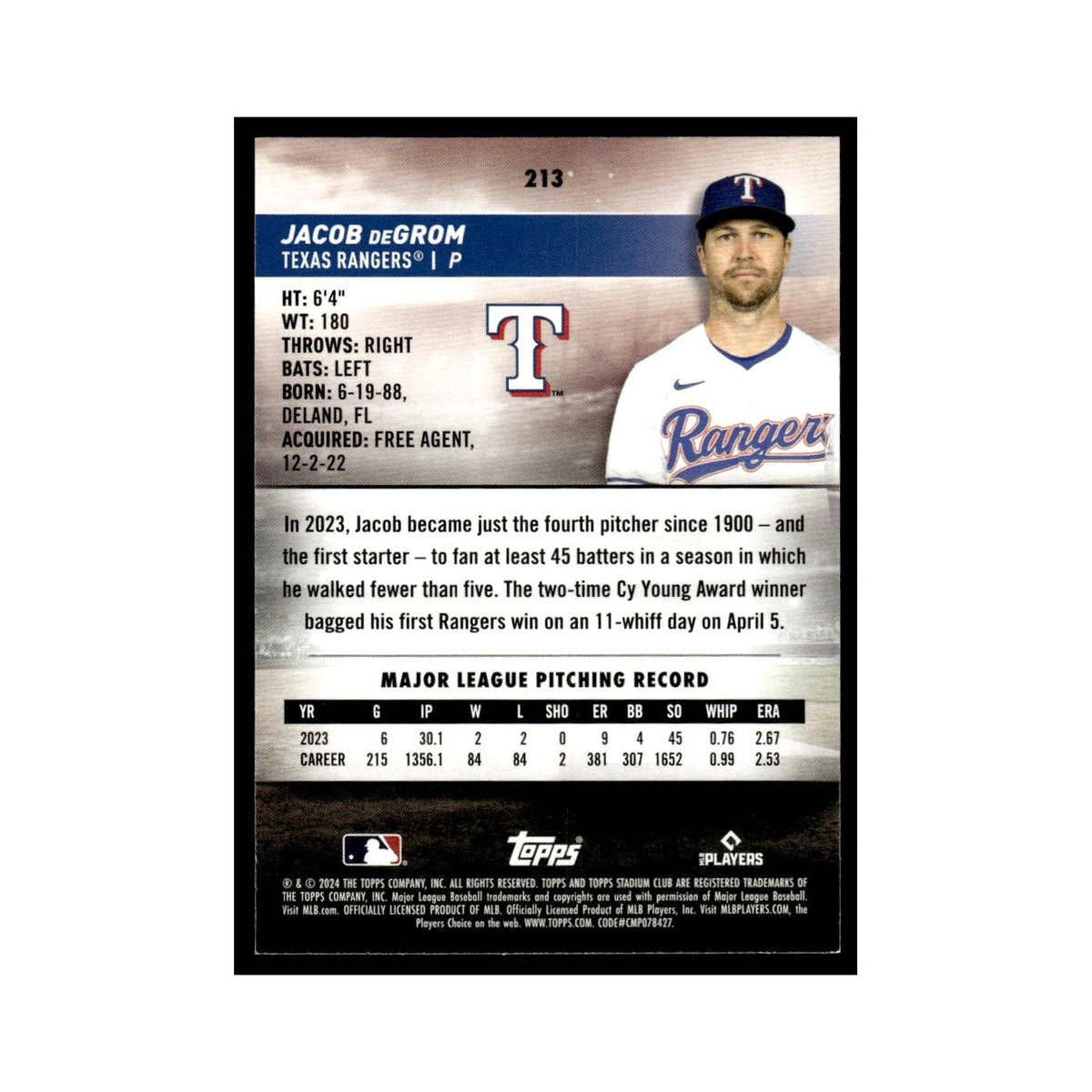 Jacob Degrom 2024 Topps Stadium Club Red #213 Baseball Card NM