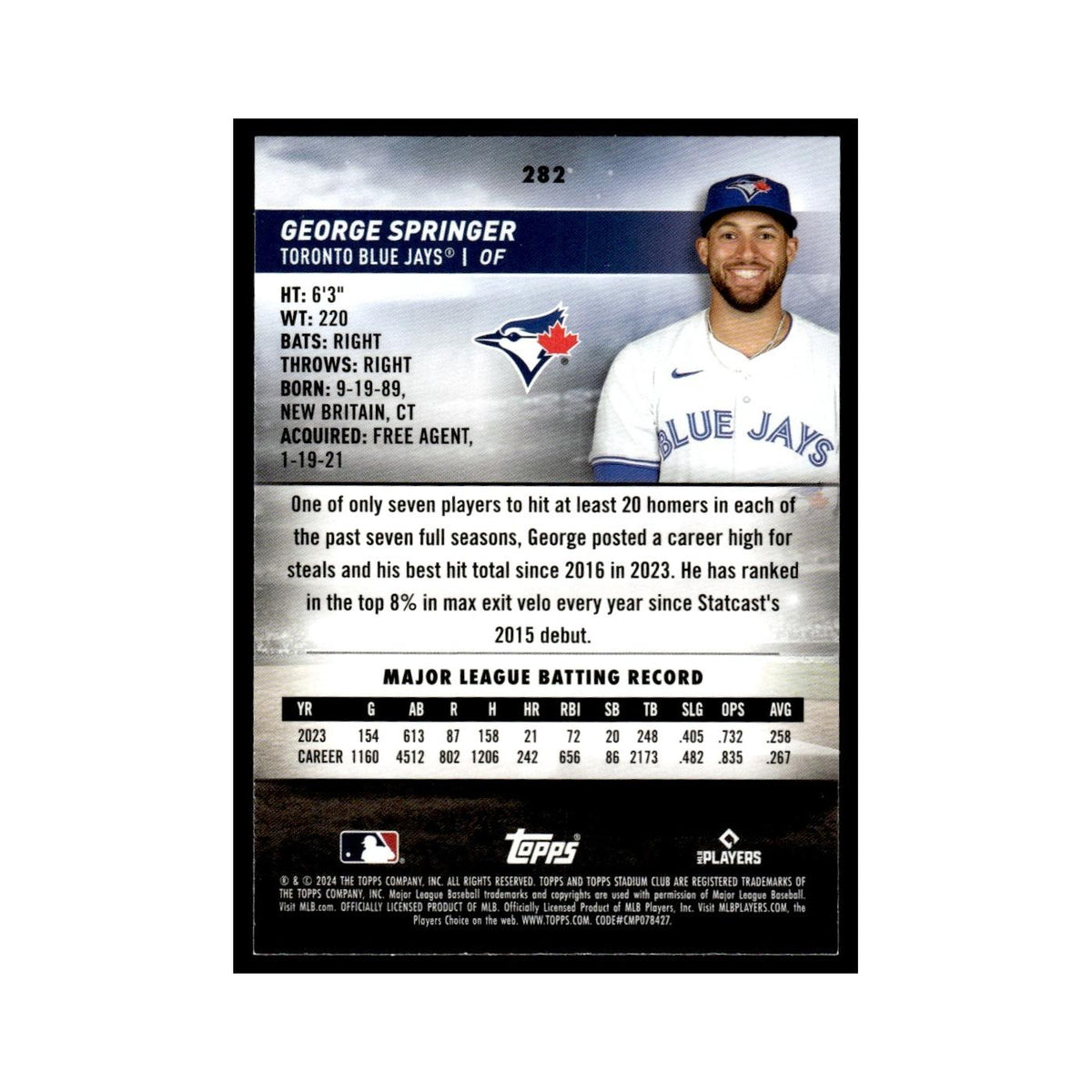 George Springer 2024 Topps Stadium Club Red #282 Baseball Card NM