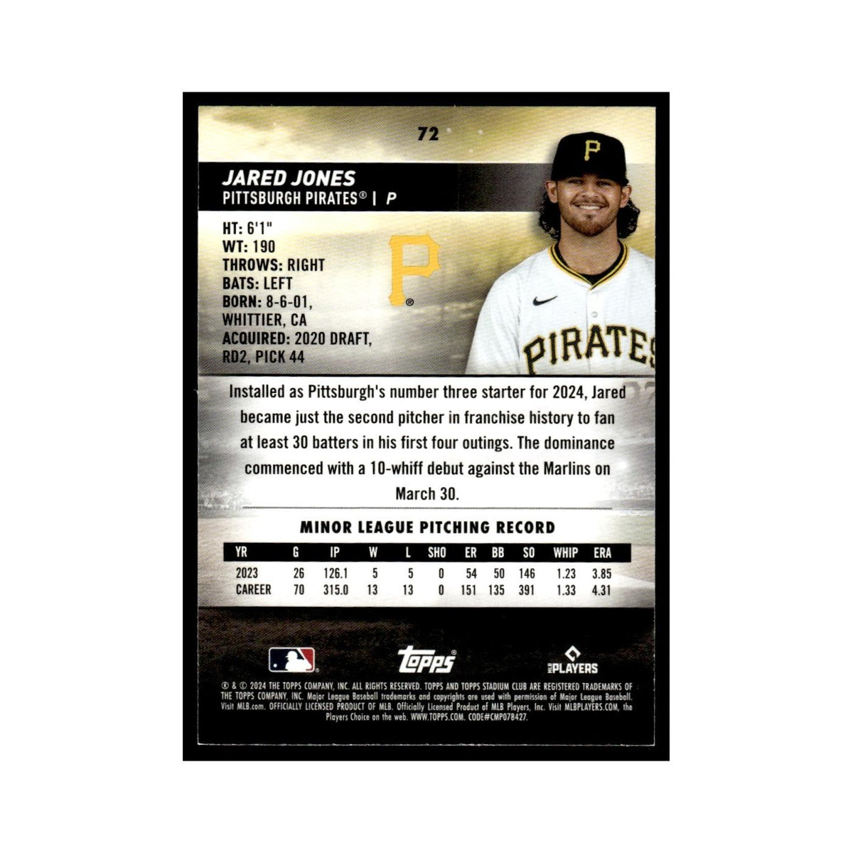 Jared Jones Rookie 2024 Topps Stadium Club #72 Baseball Card NM