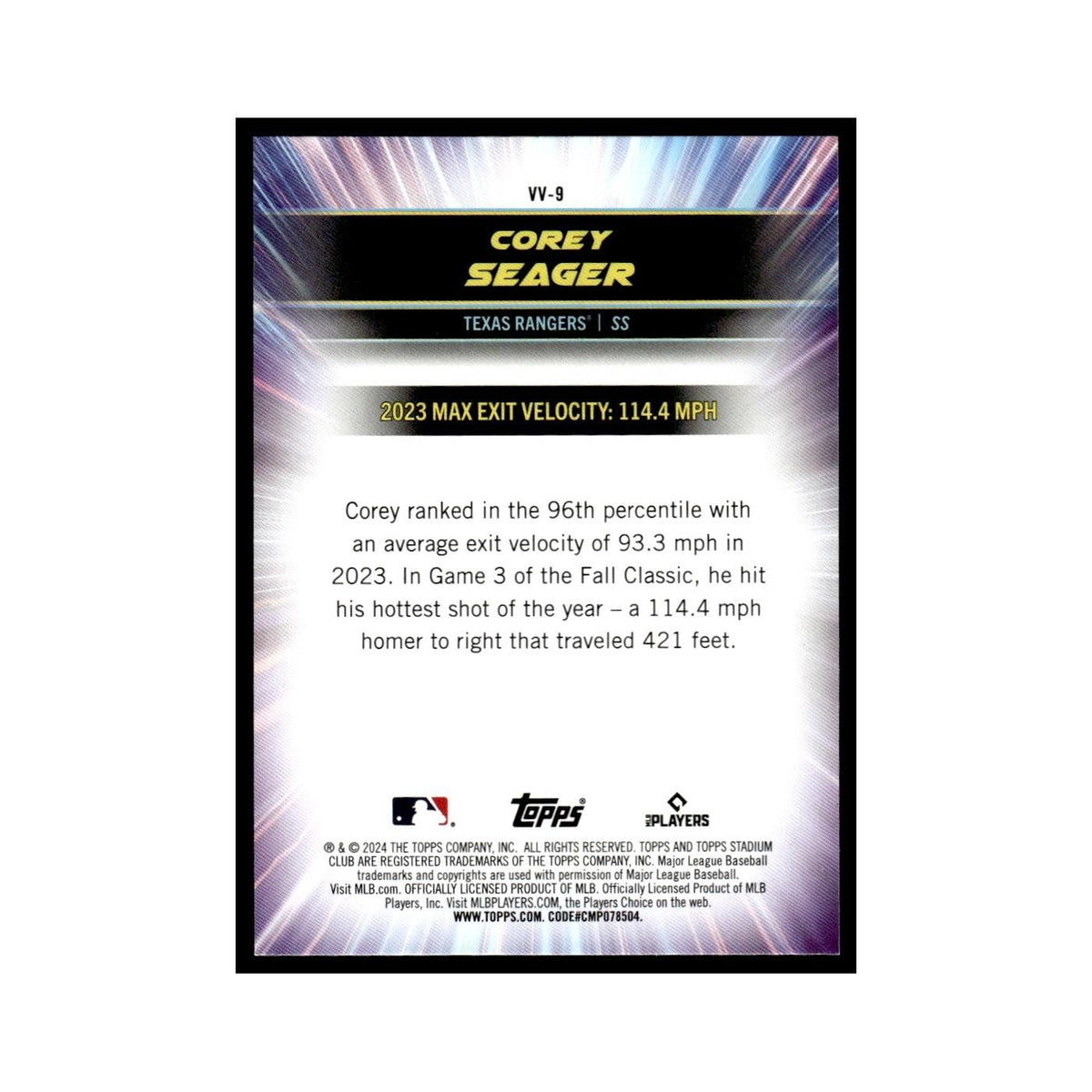 Corey Seager 2024 Topps Stadium Club #VV-9 Baseball Card NM