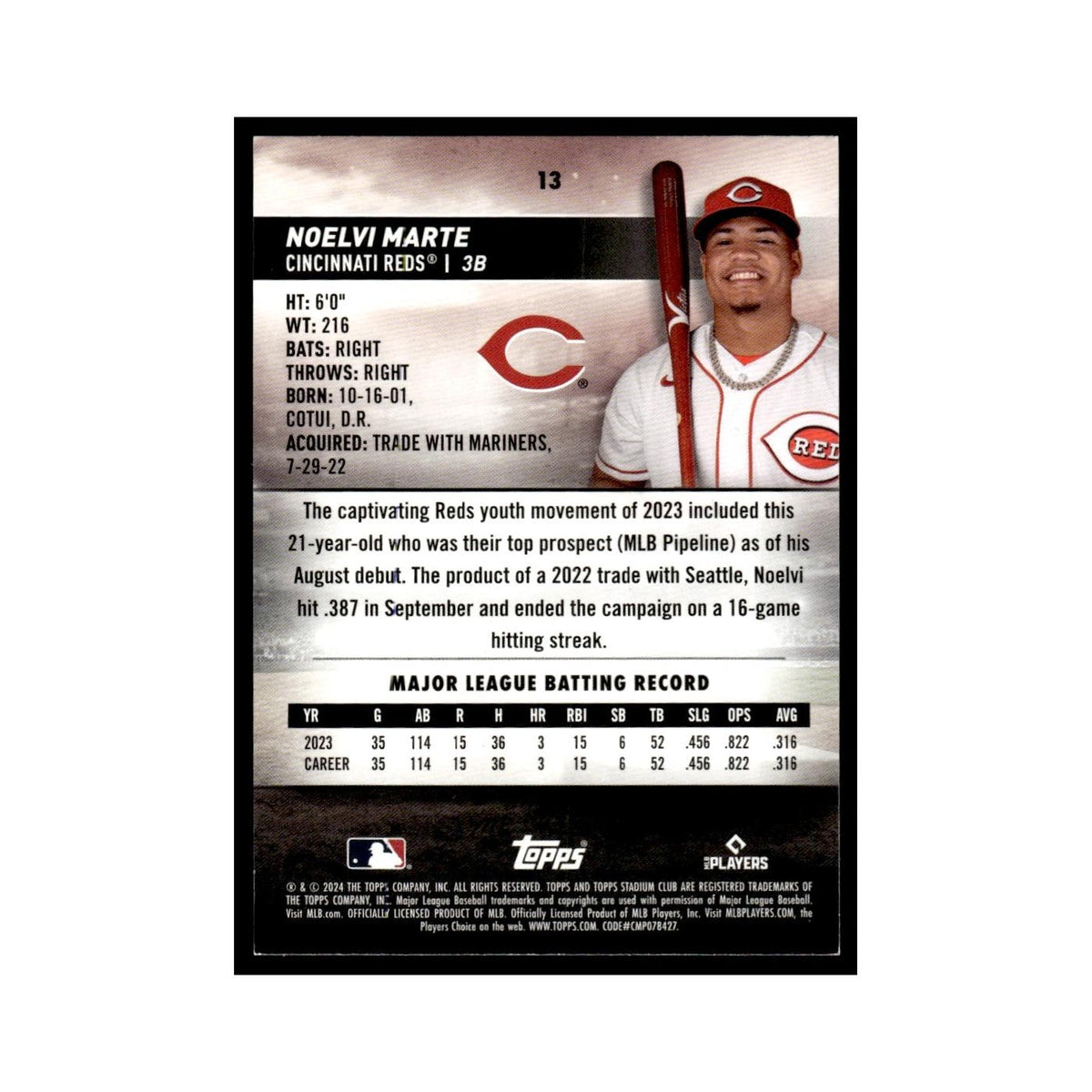 Noelvi Marte Rookie 2024 Topps Stadium Club #13 Baseball Card NM