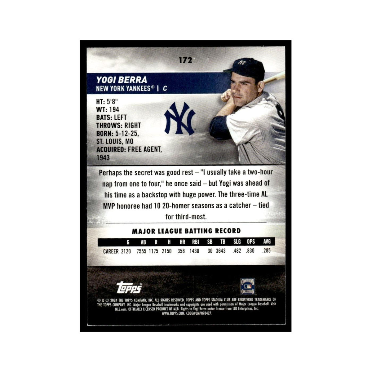 Yogi Berra 2024 Topps Stadium Club #172 Baseball Card NM