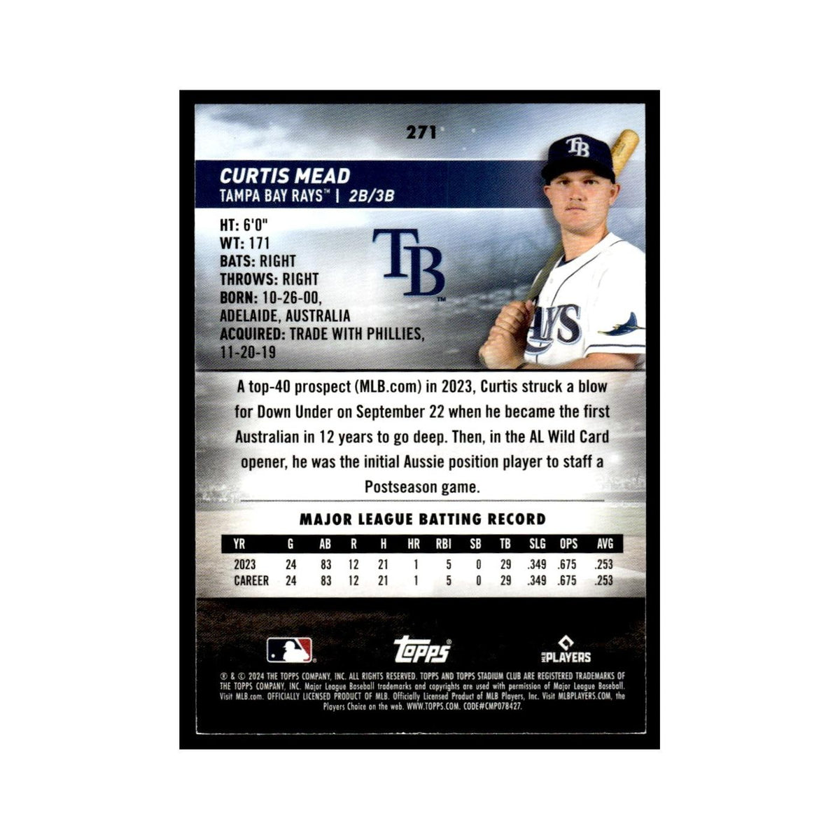 Curtis Mead Rookie 2024 Topps Stadium Club #271 Baseball Card NM