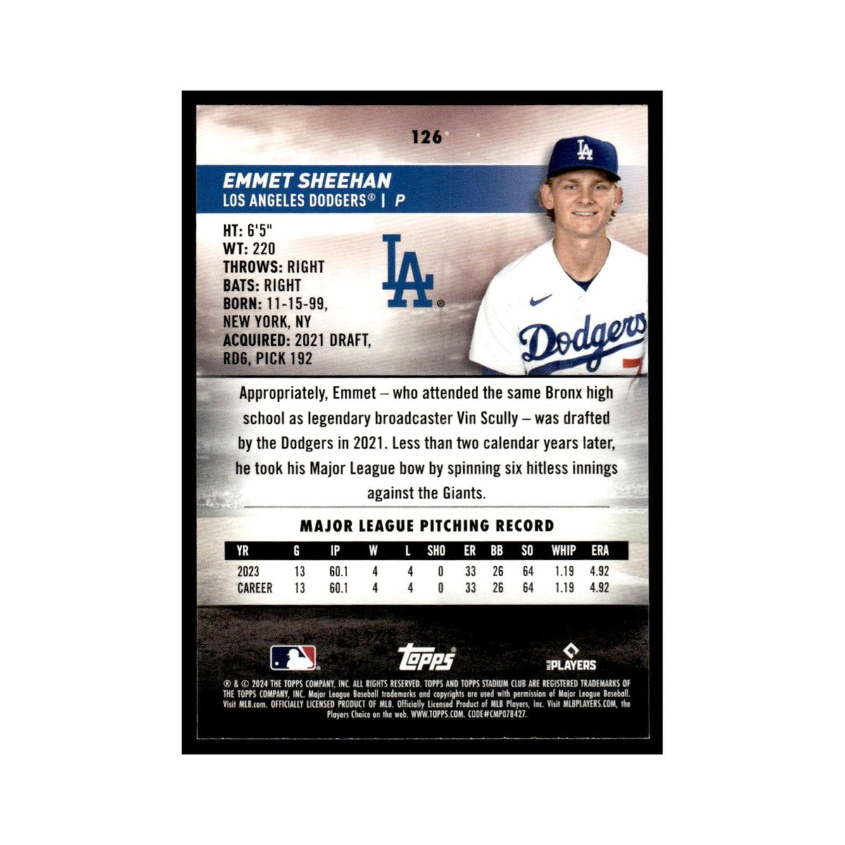 Emmet Sheehan Rookie 2024 Topps Stadium Club #126 Baseball Card NM