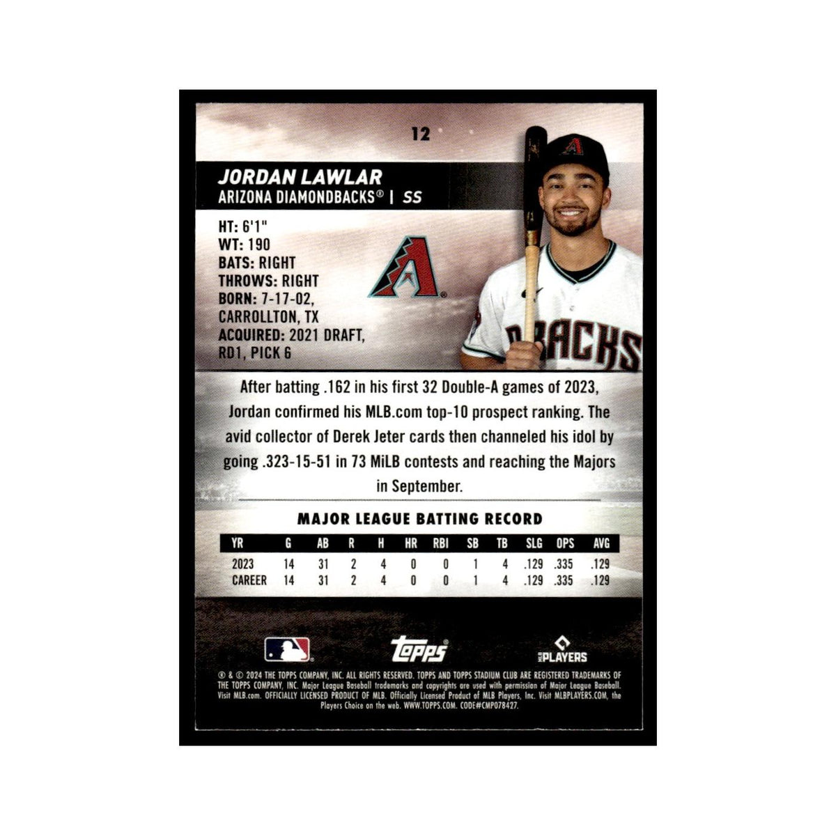 Jordan Lawlar Rookie 2024 Topps Stadium Club Red #12 Baseball Card NM
