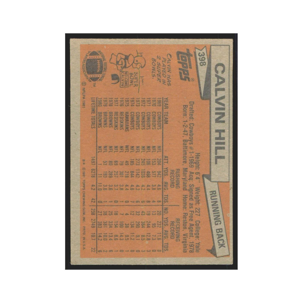 Calvin Hill 1981 Topps #398 Cleveland Browns Football Card NM