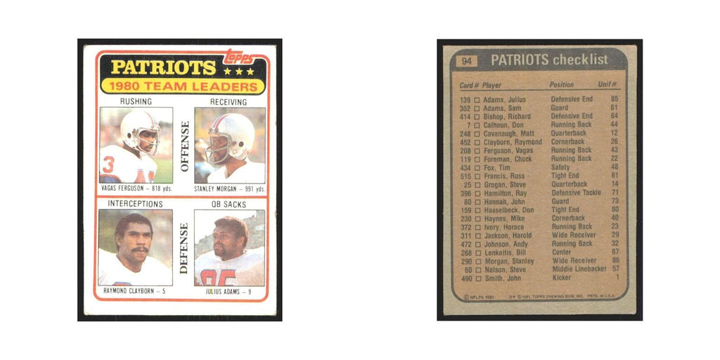 Vagas Ferguson Stanley Morgan Raymond Clayborn Julius Adams 1981 Topps #94 NM