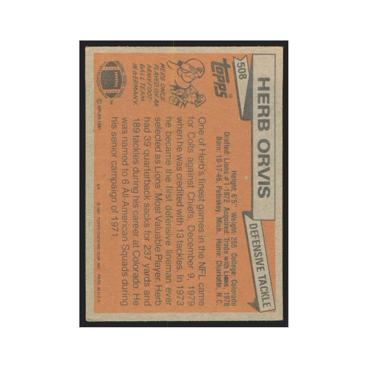 Herb Orvis 1981 Topps #508 Baltimore Colts Football Card NM