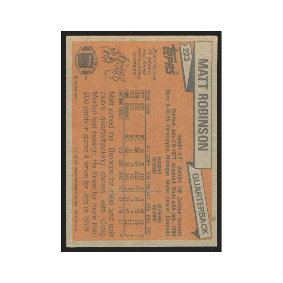 Matt Robinson 1981 Topps #223 Denver Broncos Football Card NM