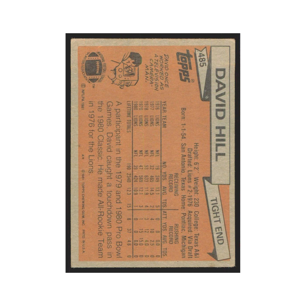 David Hill 1981 Topps #485 Detroit Lions Football Card NM