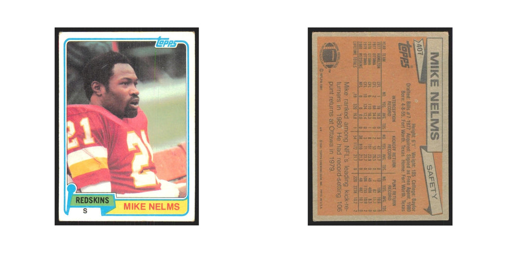 Mike Nelms 1981 Topps #407 Washington Redskins Football Card NM