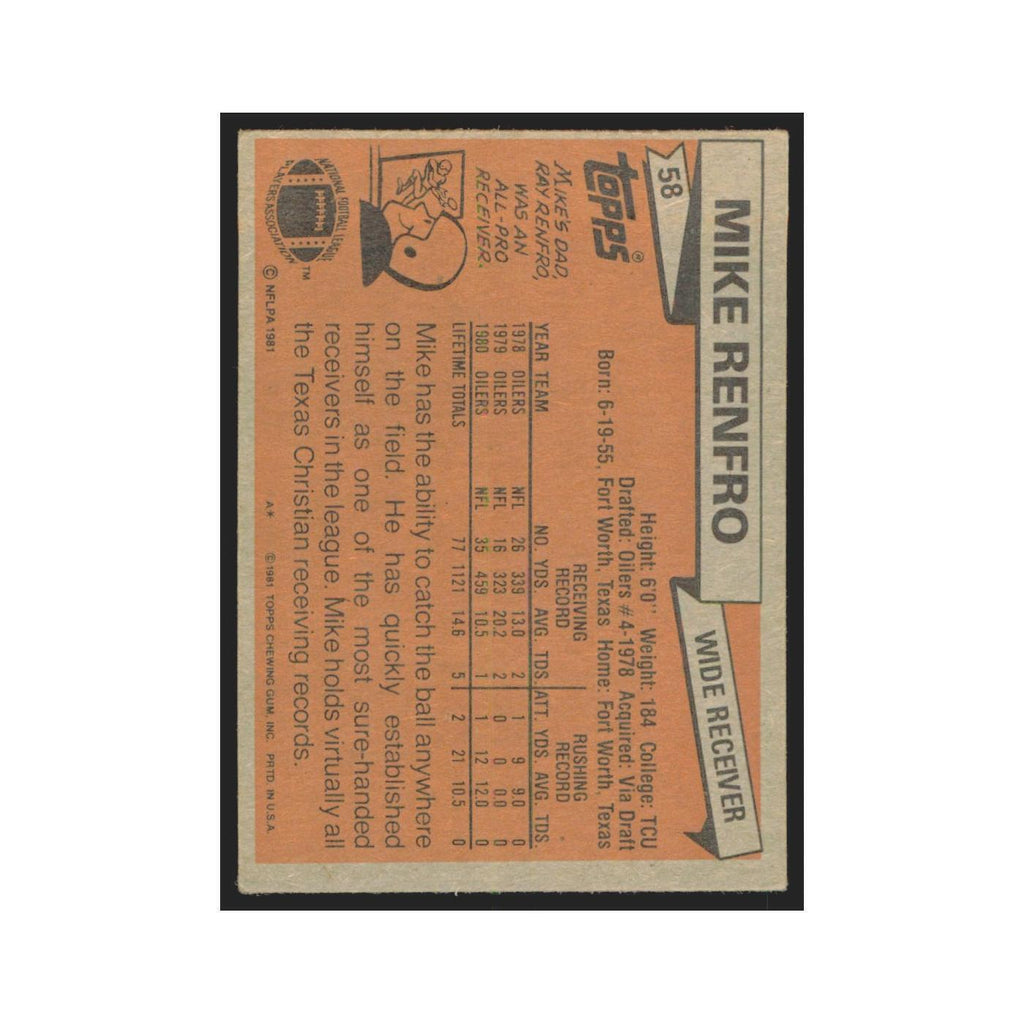 Mike Renfro 1981 Topps #58 Houston Oilers Football Card NM