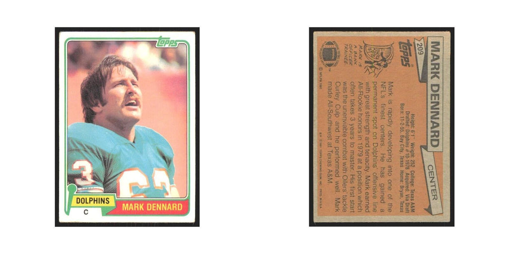 Mark Dennard 1981 Topps #209 Miami Dolphins Football Card NM