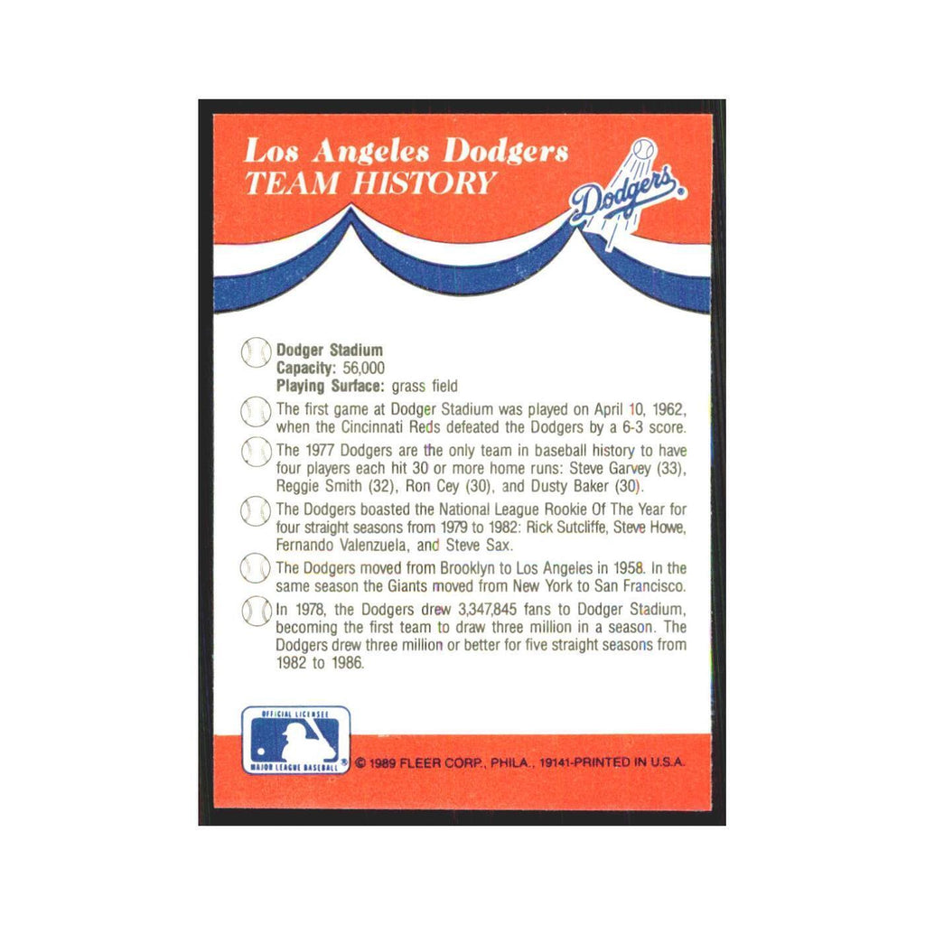 Team History 1989 Fleer Heroes of Baseball #nan Los Angeles Dodgers NM