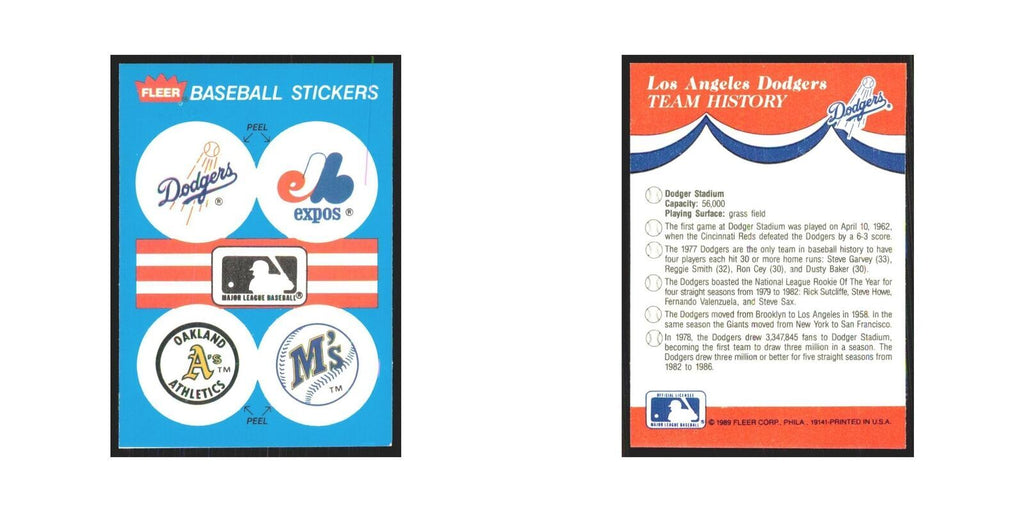 Team History 1989 Fleer Heroes of Baseball #nan Los Angeles Dodgers NM