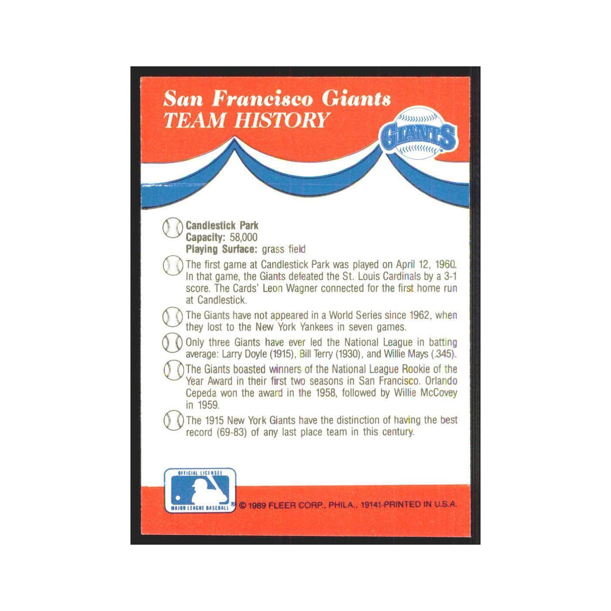 Team History 1989 Fleer Heroes of Baseball #nan San Francisco Giants NM