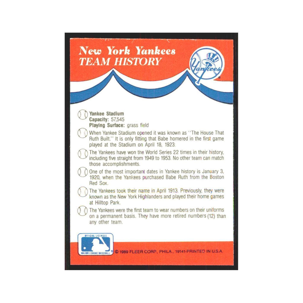 Team History 1989 Fleer Heroes of Baseball #nan New York Yankees NM