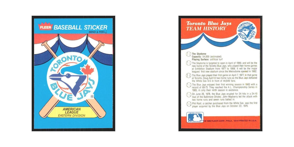Team History 1989 Fleer Heroes of Baseball #nan Toronto Blue Jays NM