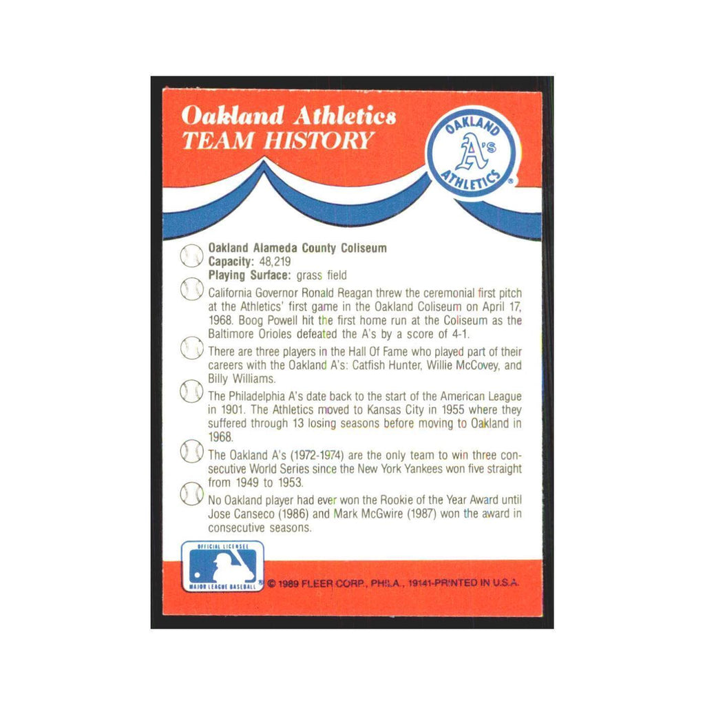 Team History 1989 Fleer Heroes of Baseball #nan Oakland Athletics NM