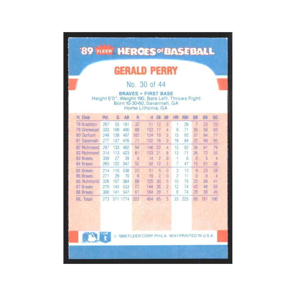 Gerald Perry 1989 Fleer Heroes of Baseball #30.0 Atlanta Braves Baseball Card NM