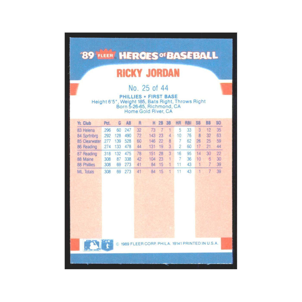 Ricky Jordan 1989 Fleer Heroes of Baseball #25 Phillies NM