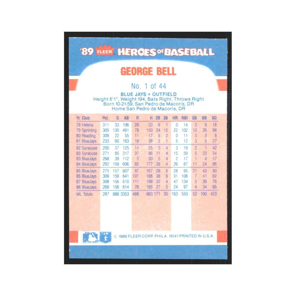 George Bell 1989 Fleer Heroes of Baseball #1.0 Toronto Blue Jays NM