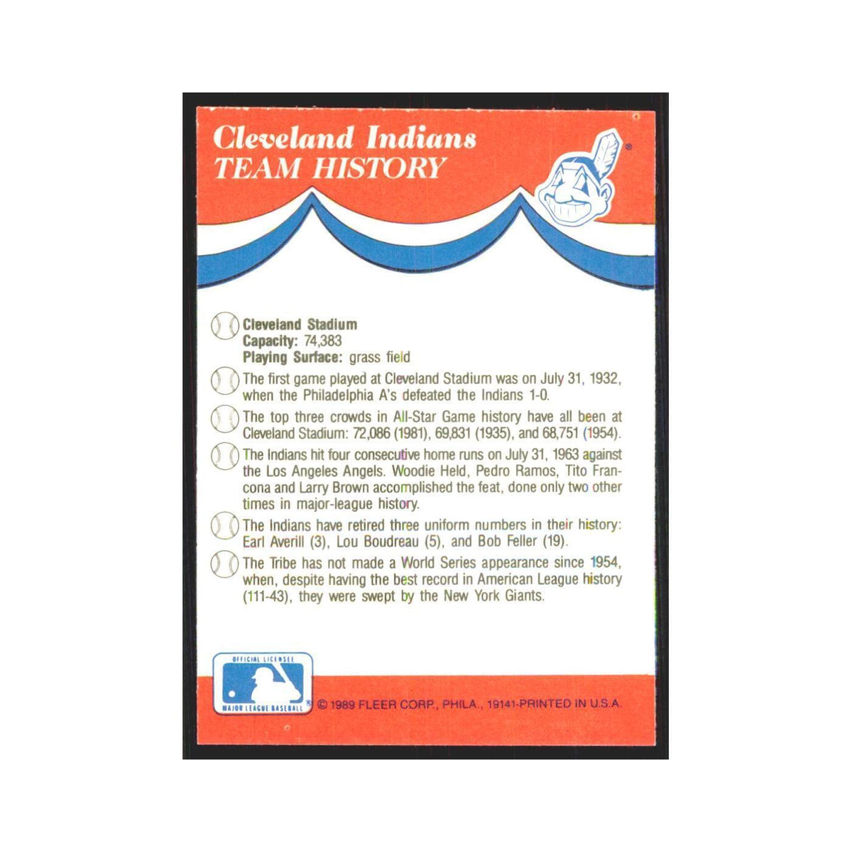 Team History 1989 Fleer Heroes of Baseball #nan Cleveland Indians NM