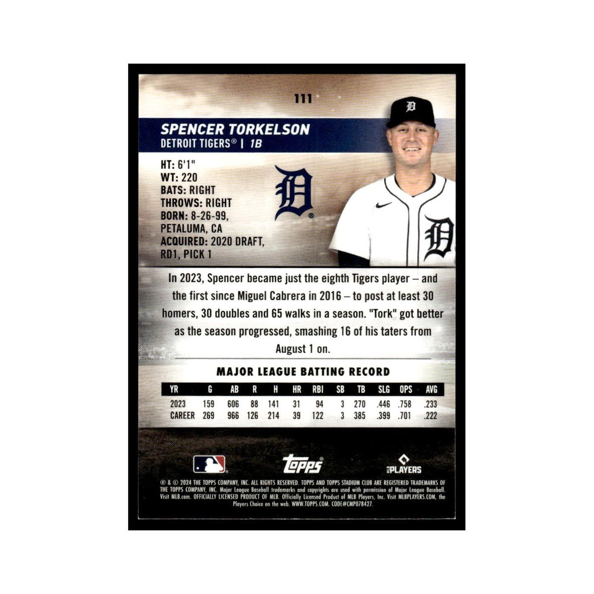 Spencer Torkelson 2024 Topps Stadium Club #111 Detroit Tigers Baseball Card NM