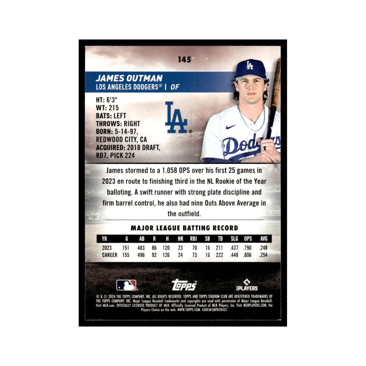 James Outman 2024 Topps Stadium Club #145 Los Angeles Dodgers Baseball Card NM