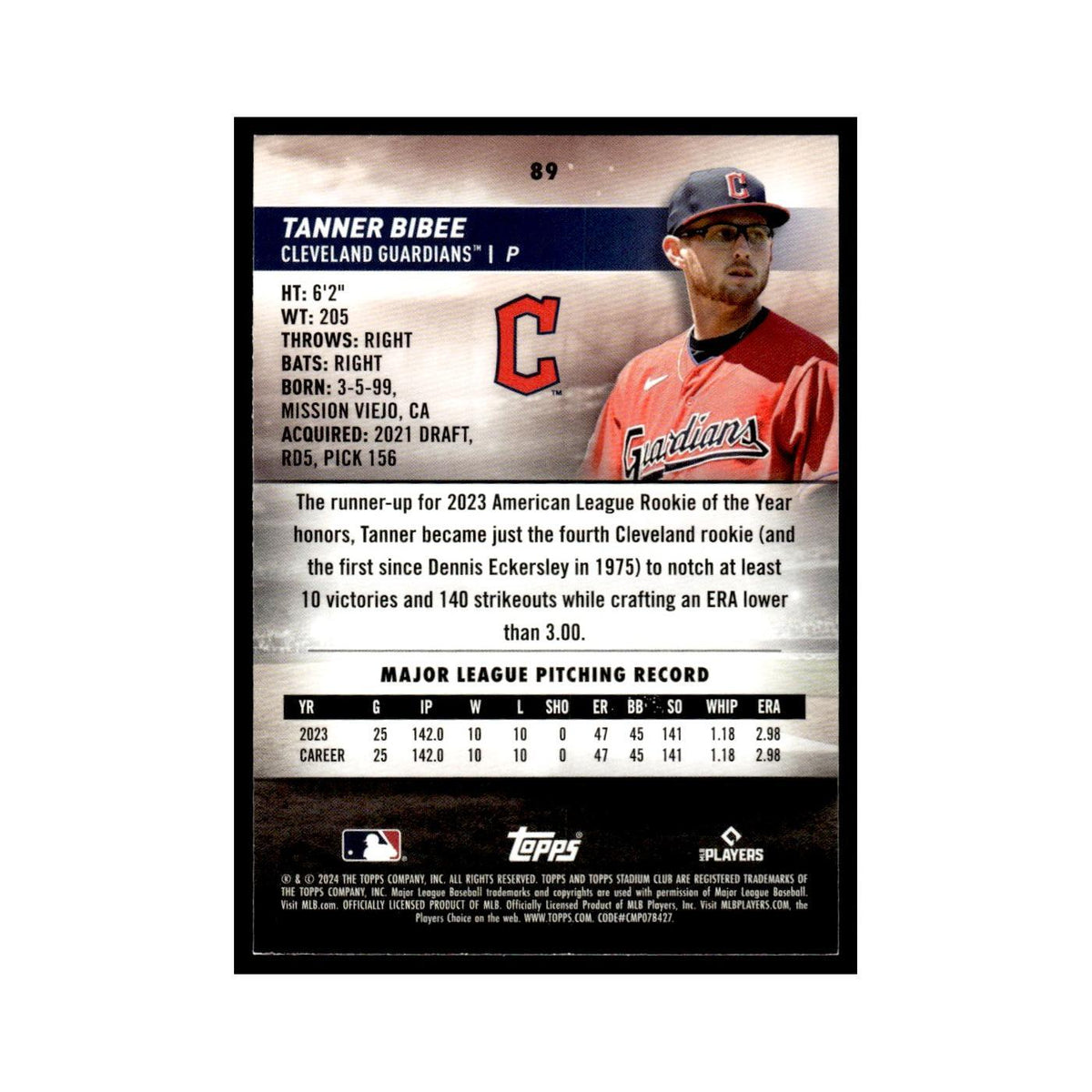 Tanner Bibee 2024 Topps Stadium Club #89 Cleveland Guardians Baseball Card NM