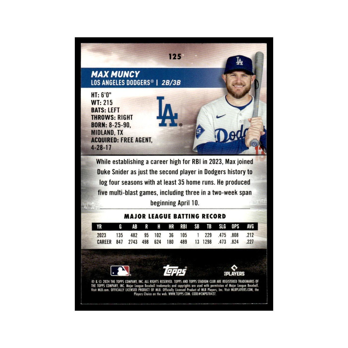 Max Muncy 2024 Topps Stadium Club #125 Los Angeles Dodgers Baseball Card NM