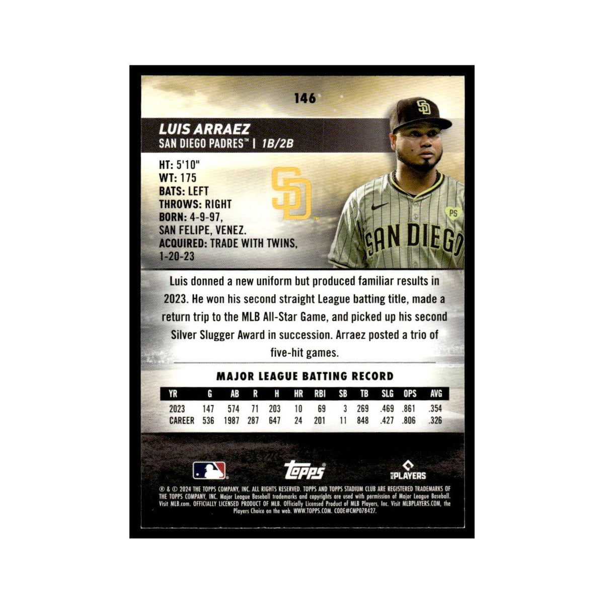 Luis Arraez 2024 Topps Stadium Club #146 San Diego Padres Baseball Card NM