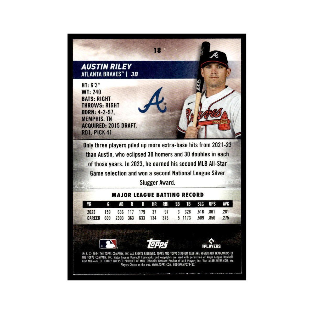 Austin Riley 2024 Topps Stadium Club #18 Atlanta Braves Baseball Card NM