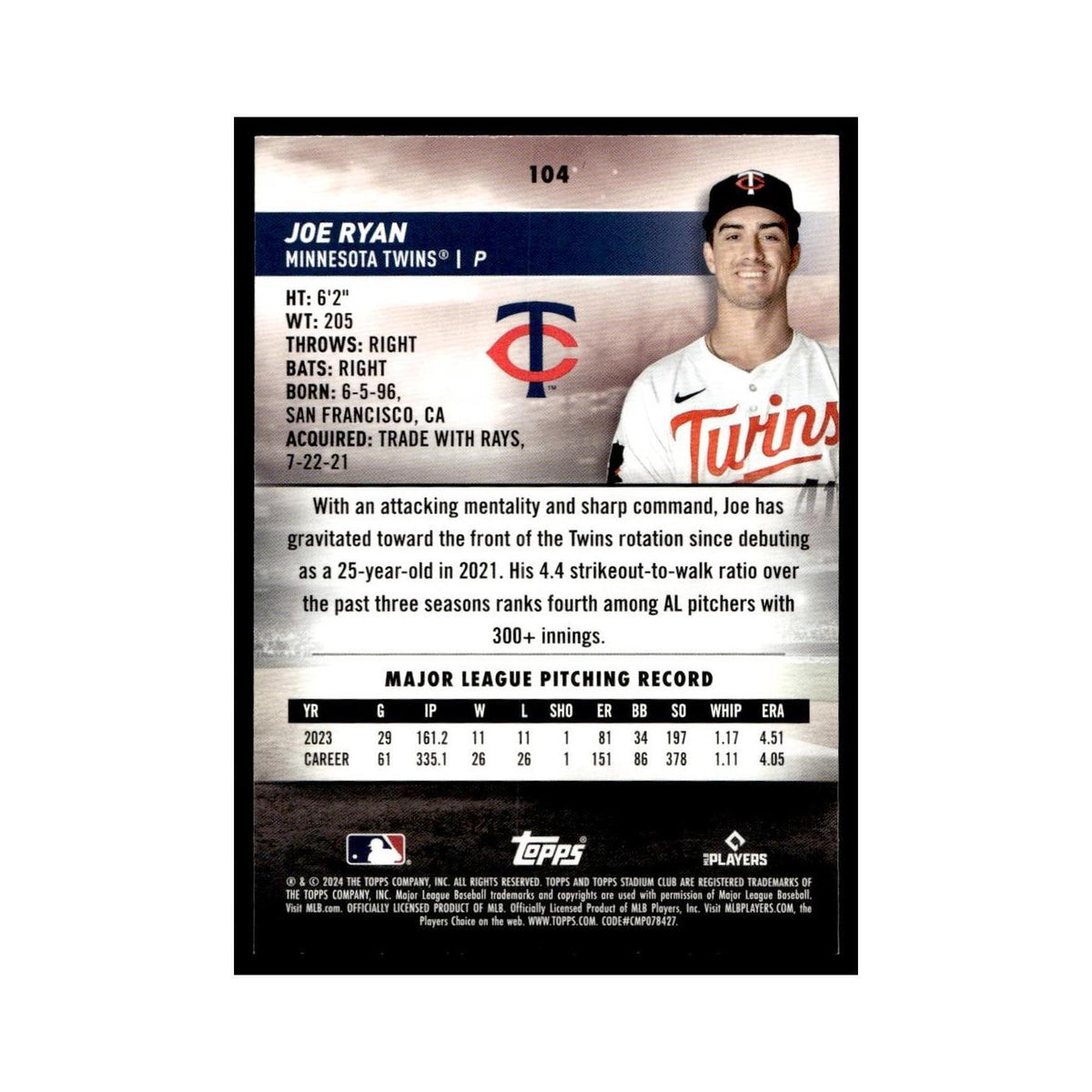 Joe Ryan 2024 Topps Stadium Club #104 Minnesota Twins Baseball Card NM