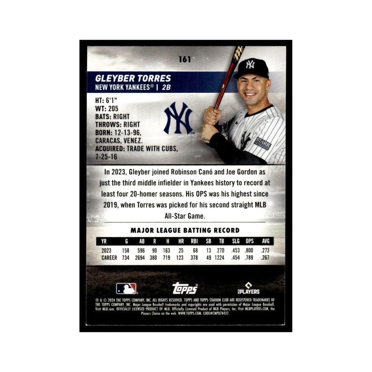 Gleyber Torres 2024 Topps Stadium Club #161 New York Yankees Baseball Card NM