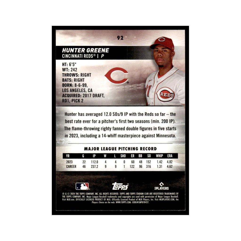 Hunter Greene 2024 Topps Stadium Club #92 Cincinnati Reds Baseball Card NM