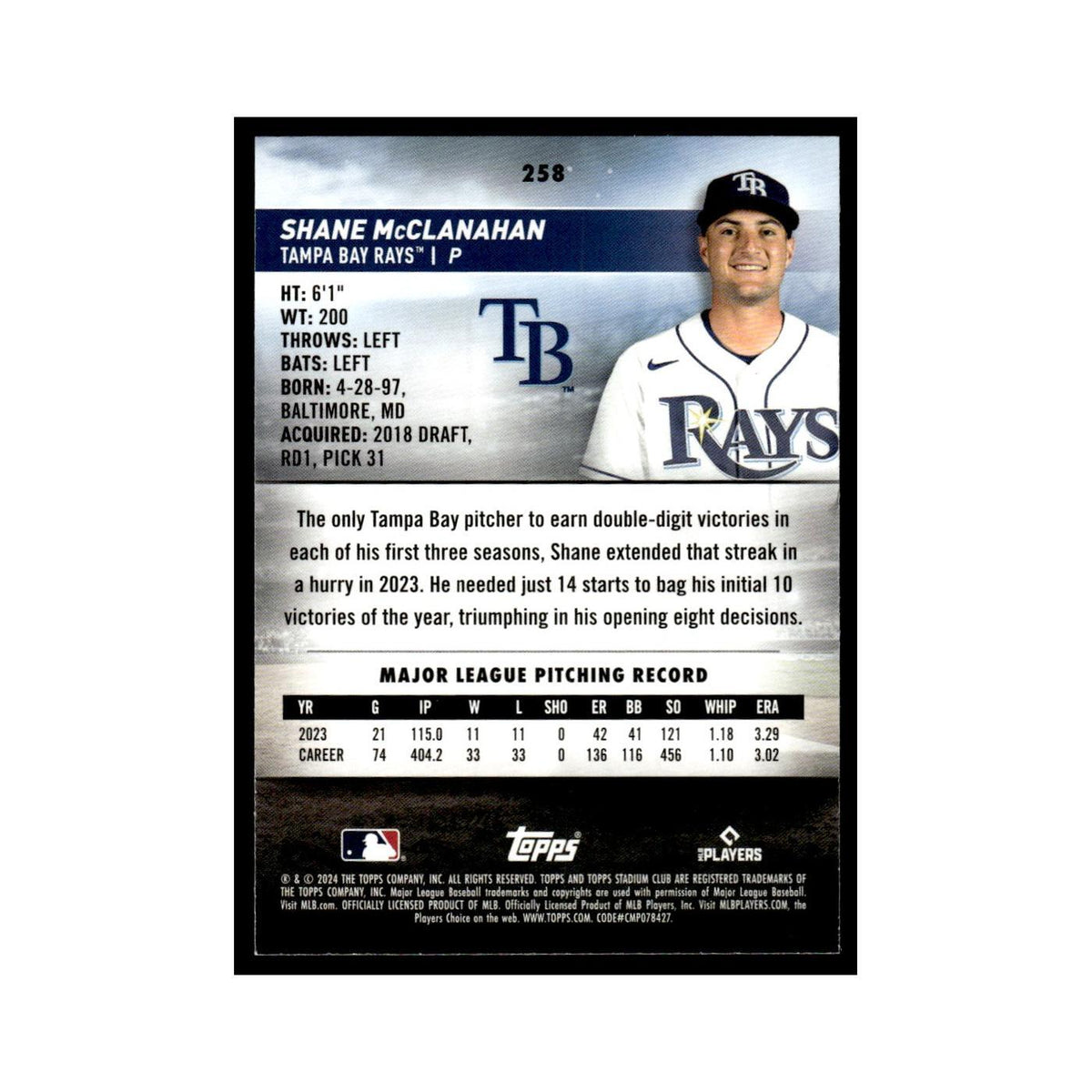 Shane McClanahan 2024 Topps Stadium Club #258 Tampa Bay Rays Baseball Card NM