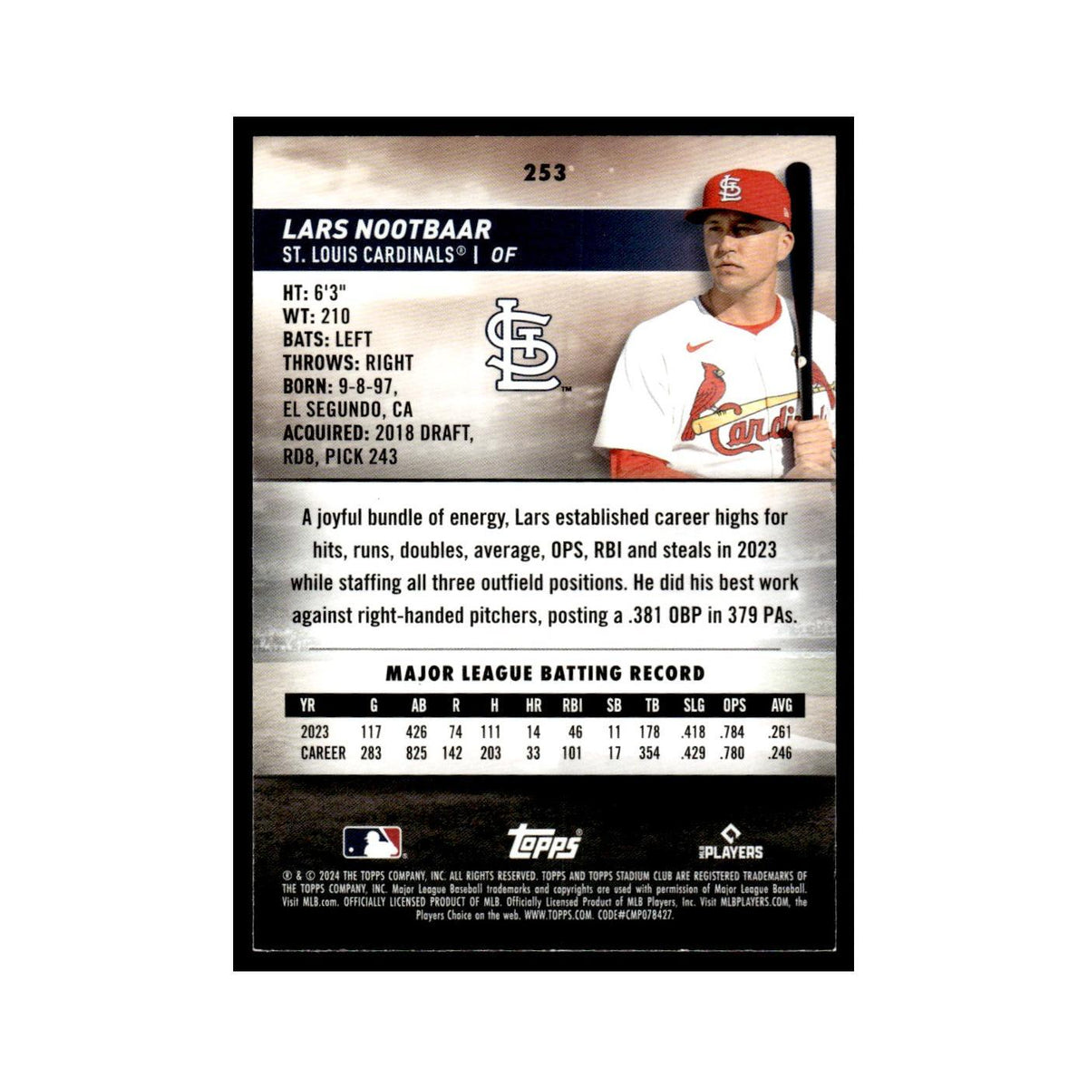 Lars Nootbaar 2024 Topps Stadium Club #253 St. Louis Cardinals Baseball Card NM
