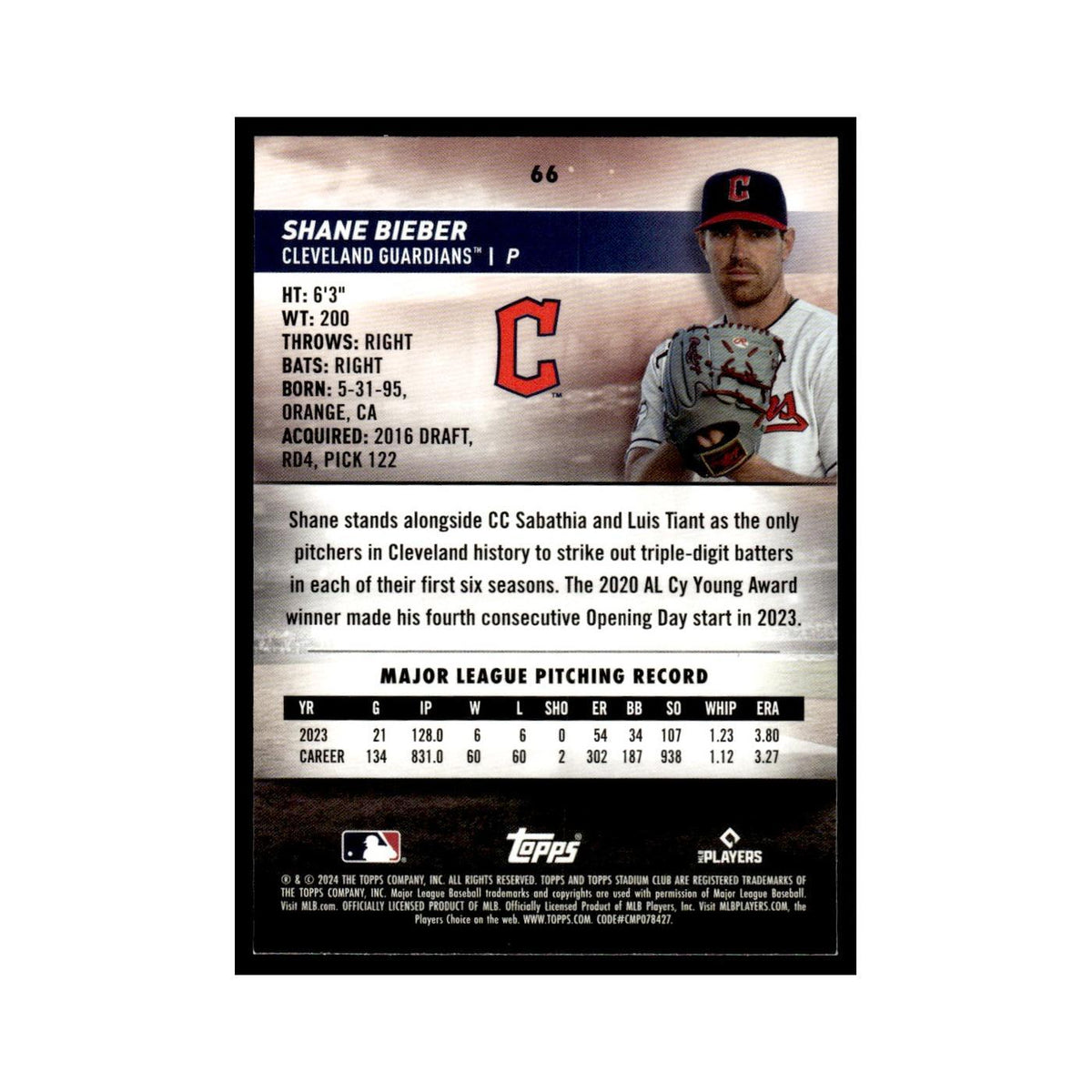 Shane Bieber 2024 Topps Stadium Club #66 Cleveland Guardians Baseball Card NM