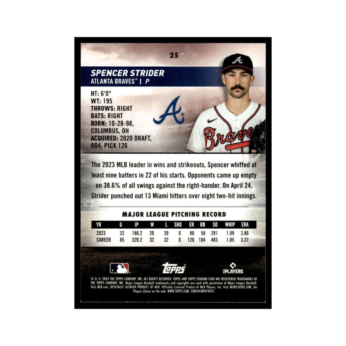 Spencer Strider 2024 Topps Stadium Club #25 Atlanta Braves Baseball Card NM